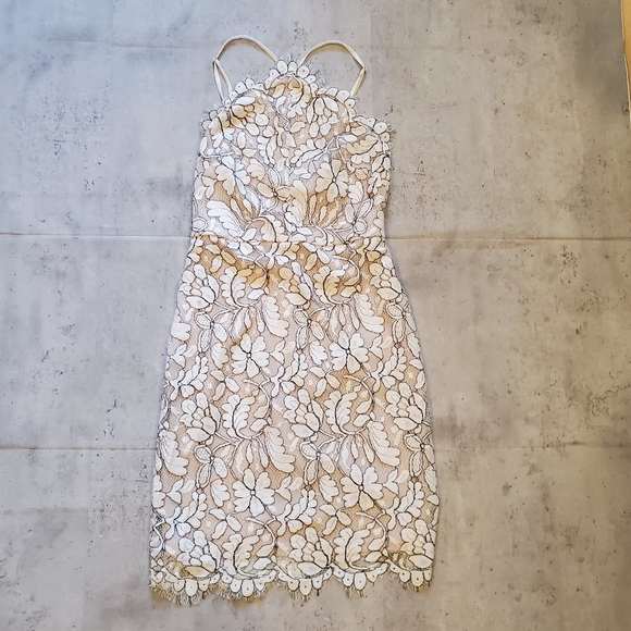 Lulus Delicate Darling Beige & Ivory Lace Bodycon Dress XS - Picture 4 of 11